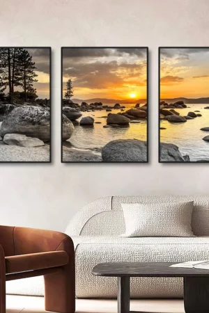 3PCS Frameless Canvas Paintings Sunset Sea Beach Natural Landscape Poster and Prints Wall Art Picture for Living Room Home Decor