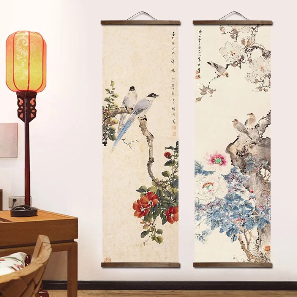 custom chinese style green plants animal bird canvas decorative painting bedroom living room wall art solid wood scroll painting - Image 2