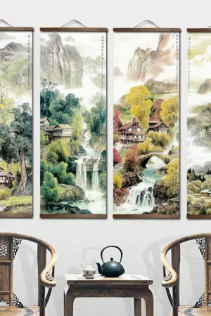 Chinese Traditional Style Four Seasons Landscape Canvas for Livingroom Wall Art Poster Solid Wood Scroll Paintings Home Decor