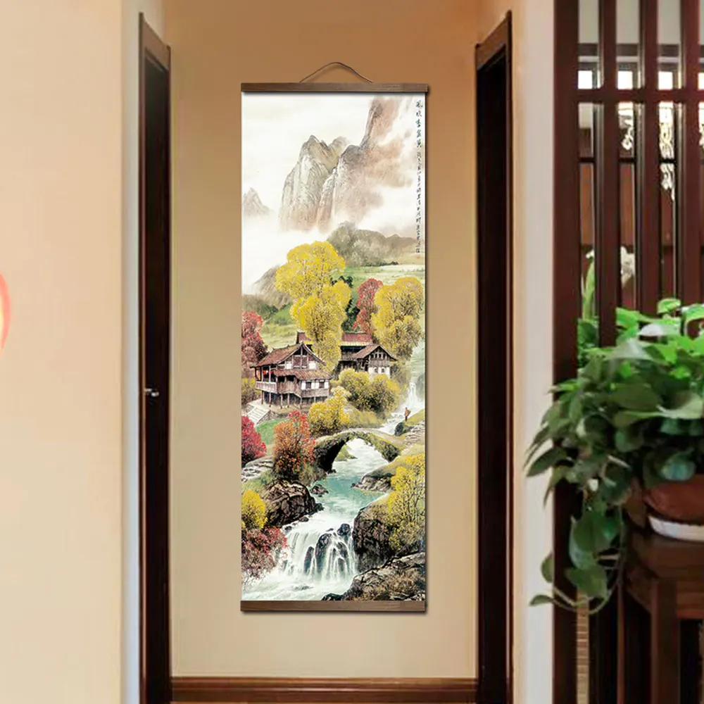 Chinese Traditional Style Four Seasons Landscape Canvas for Livingroom Wall Art Poster Solid Wood Scroll Paintings Home Decor - Image 4