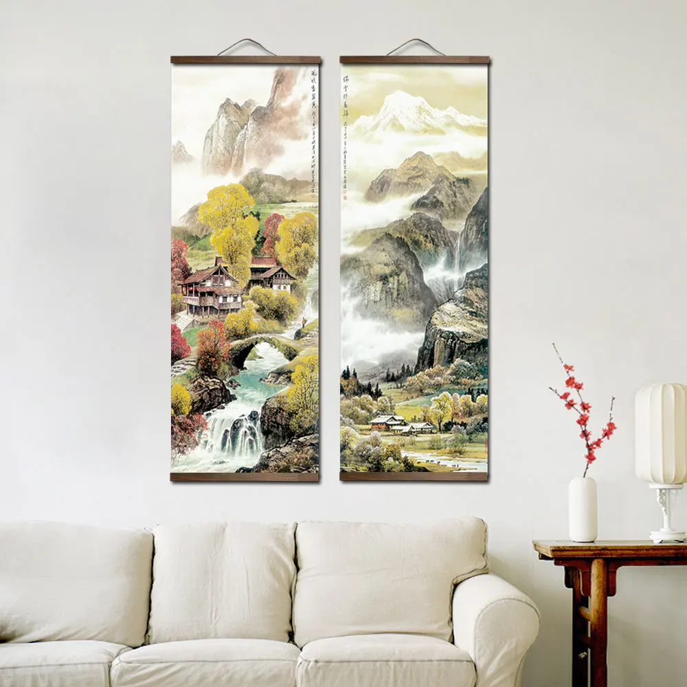 Chinese Traditional Style Four Seasons Landscape Canvas for Livingroom Wall Art Poster Solid Wood Scroll Paintings Home Decor - Image 2