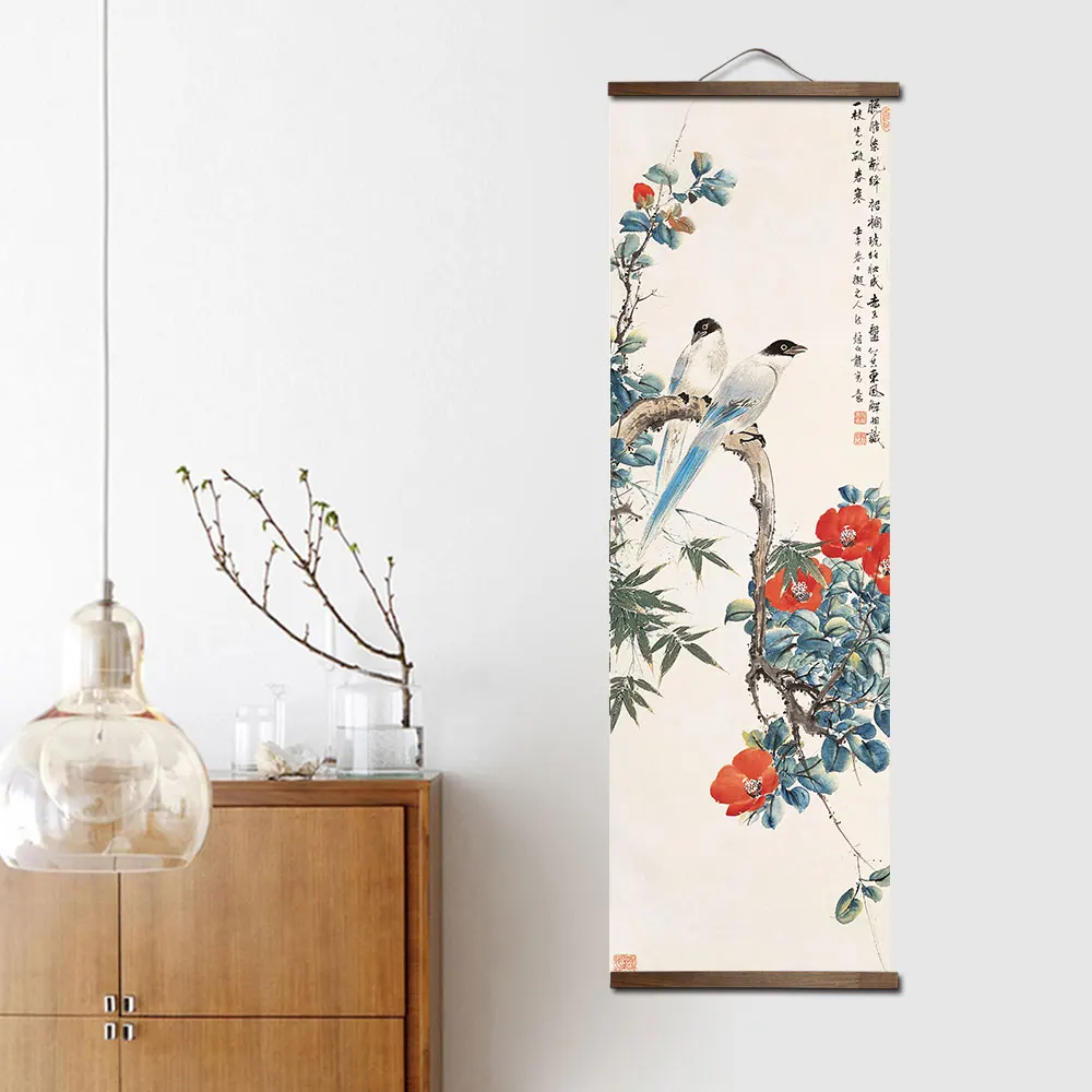 custom chinese style green plants animal bird canvas decorative painting bedroom living room wall art solid wood scroll painting