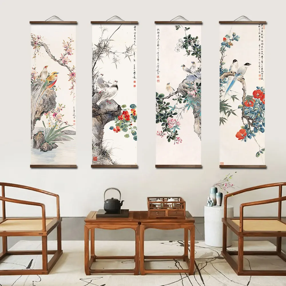 custom chinese style green plants animal bird canvas decorative painting bedroom living room wall art solid wood scroll painting - Image 3