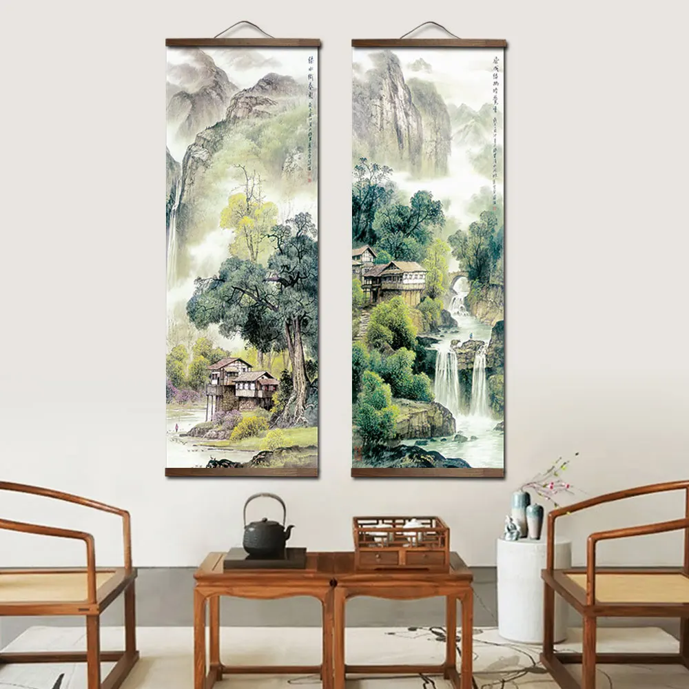Chinese Traditional Style Four Seasons Landscape Canvas for Livingroom Wall Art Poster Solid Wood Scroll Paintings Home Decor - Image 3
