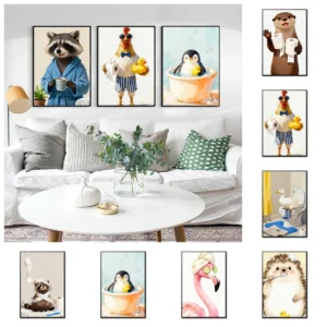 Cute Animal Bath Poster Wall Art Painting Canvas Bathroom Decor Kids Funny Toilet Paper Cartoon Print Nursery Bathtime Comfort