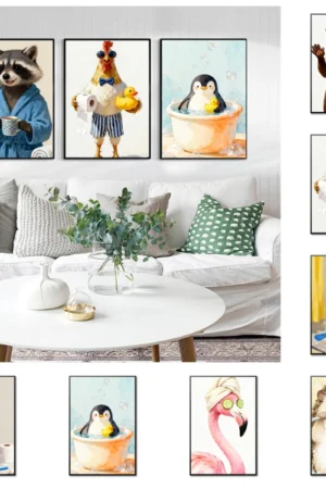 Cute Animal Bath Poster Wall Art Painting Canvas Bathroom Decor Kids Funny Toilet Paper Cartoon Print Nursery Bathtime Comfort