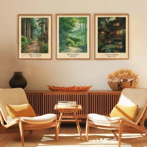 Set of 3 Japanese Landscape Art Prints - Zen Garden, Coastal Scenery, and Autumn Tower Posters for Room Decor