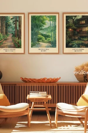 Set of 3 Japanese Landscape Art Prints - Zen Garden, Coastal Scenery, and Autumn Tower Posters for Room Decor