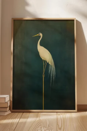 Retro Crane Japanese Style Canvas Print Green White Bird Gallery Wall Art Poster for Modern Living Room Dormitory Home Decor