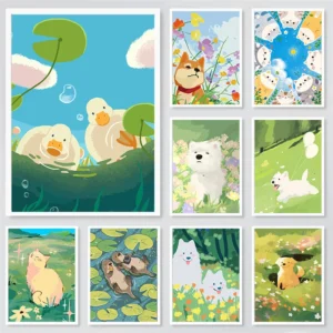 Happy Animals in Flowers Meadow Poster Ducks Dogs Cat Prints Canvas Painting Wall Art Picture for Nursery Home Kids Room Decor