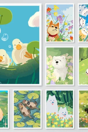 Happy Animals in Flowers Meadow Poster Ducks Dogs Cat Prints Canvas Painting Wall Art Picture for Nursery Home Kids Room Decor