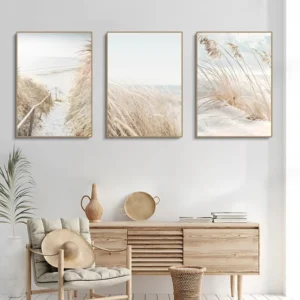 3pcs White Seascape Canvas Painting Nordic Sea Beach Pampas Botanical Grass Posters Decor Living Room Bedroom Wall Art Decor