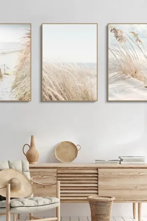 3pcs White Seascape Canvas Painting Nordic Sea Beach Pampas Botanical Grass Posters Decor Living Room Bedroom Wall Art Decor