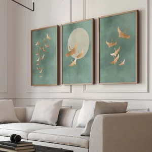 Set of 3 Prints Japanese Wall Art Japandi Art Birds Minimalist Living Room Decor Gift Poster Sage Green Cranes Wall Art Prints