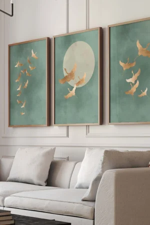 Set of 3 Prints Japanese Wall Art Japandi Art Birds Minimalist Living Room Decor Gift Poster Sage Green Cranes Wall Art Prints