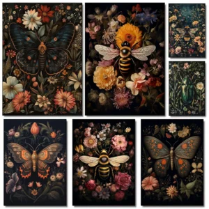 Vintage Goth Insect Floral Bee Butterfly Moth Poster and Prints Canvas Printing Wall Art Picture for Living Room Home Decor Gift