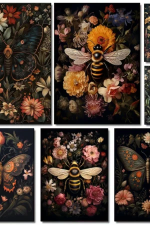 Vintage Goth Insect Floral Bee Butterfly Moth Poster and Prints Canvas Printing Wall Art Picture for Living Room Home Decor Gift