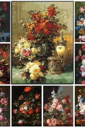 Europe Classical Vintage Flower Canvas Painting Wall Decor Still Life with Flowers In Glass Vase Nordic Art Poster Print Picture
