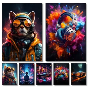 80s 90s Colorful Neon Cyberpunk Wall Art Gamer Controller Canvas Poster Fantasy Earphones Esports Gaming Painting For Room Decor