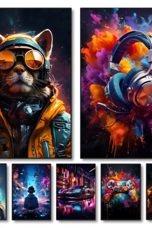 80s 90s Colorful Neon Cyberpunk Wall Art Gamer Controller Canvas Poster Fantasy Earphones Esports Gaming Painting For Room Decor