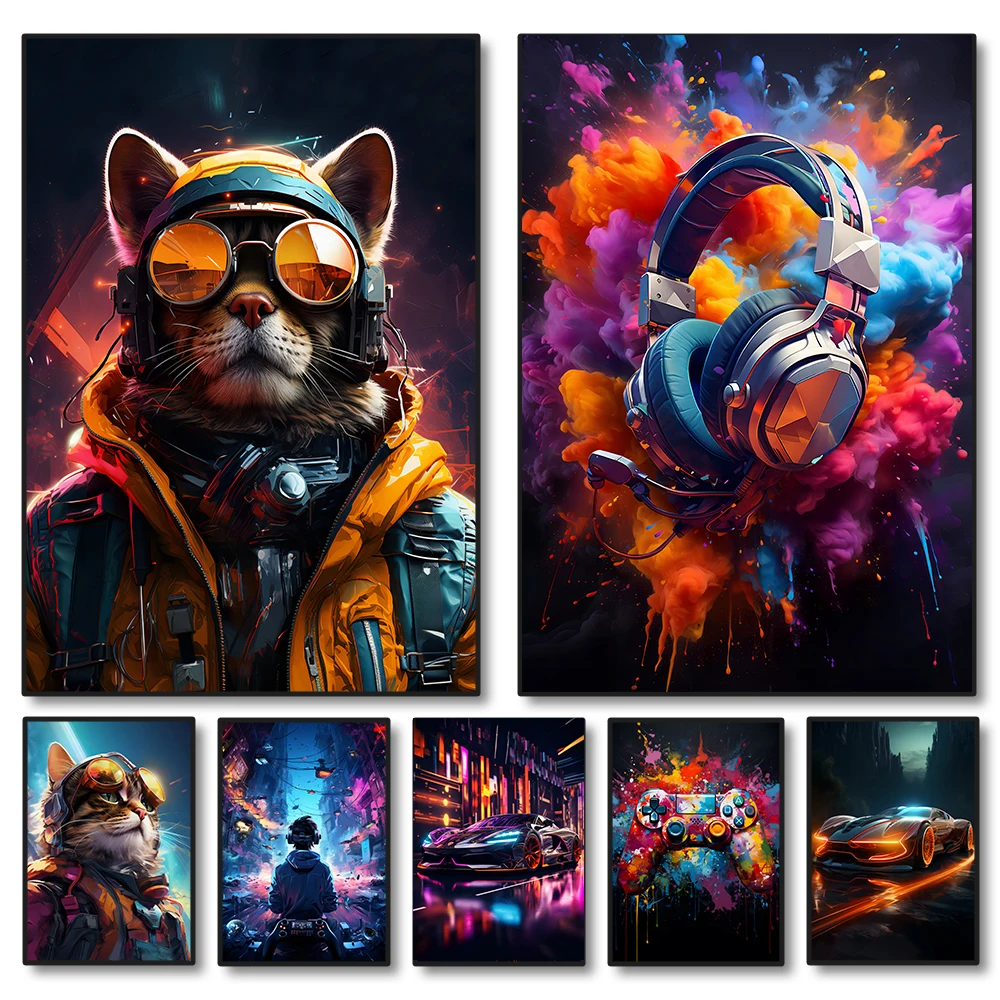 80s 90s Colorful Neon Cyberpunk Wall Art Gamer Controller Canvas Poster Fantasy Earphones Esports Gaming Painting For Room Decor