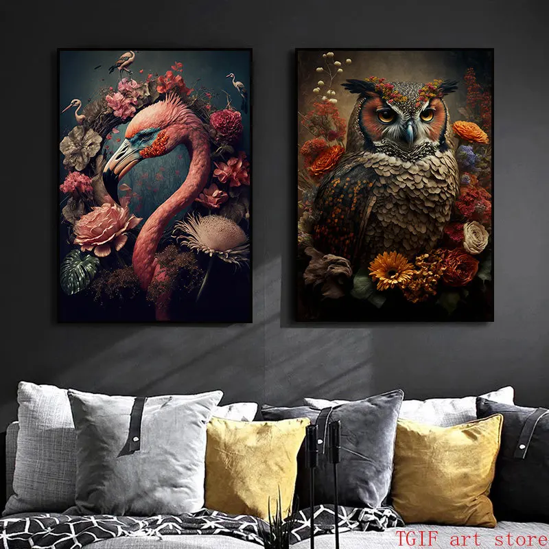 Flamingo Hummingbird Peacock Owl Poster Tropical Plant Flower Bird Canvas Painting Prints Animal Wall Picture Home Decor - Image 4
