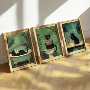 Green Funny Cat Funny Wall Art Bathroom Toilet Art Toilet Poster Modern Trendy Aesthetic Decorative Canvas Painting
