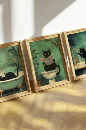 Green Funny Cat Funny Wall Art Bathroom Toilet Art Toilet Poster Modern Trendy Aesthetic Decorative Canvas Painting