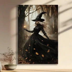 1Pc Framed Witch Canvas Wall Art | Forest Scene: Witch with Torch Print Gothic Fantasy Style Ideal Decor for Halloween, Bedroom