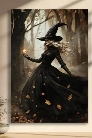 1Pc Framed Witch Canvas Wall Art | Forest Scene: Witch with Torch Print Gothic Fantasy Style Ideal Decor for Halloween, Bedroom
