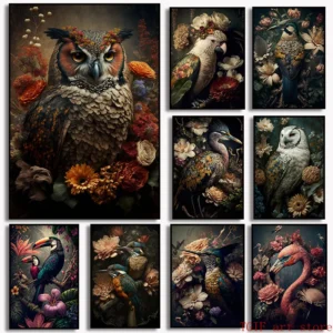 Flamingo Hummingbird Peacock Owl Poster Tropical Plant Flower Bird Canvas Painting Prints Animal Wall Picture Home Decor