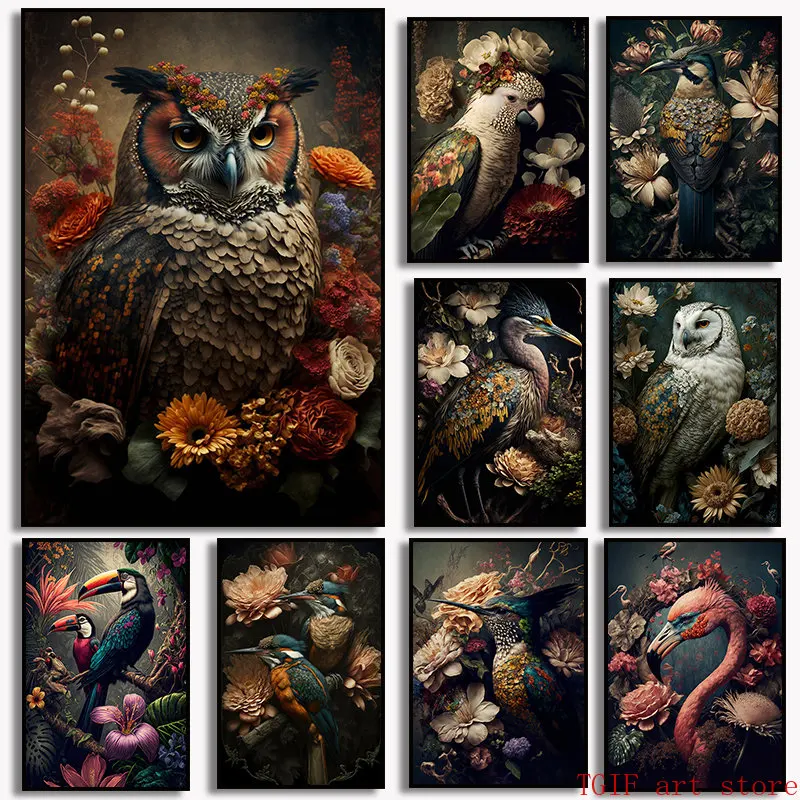Flamingo Hummingbird Peacock Owl Poster Tropical Plant Flower Bird Canvas Painting Prints Animal Wall Picture Home Decor
