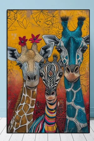 Abstract Three Giraffes Graffiti Canvas Painting Cartoon Animal Watercolor Poster Nursery Wall Art Living Kids Room Home Decor